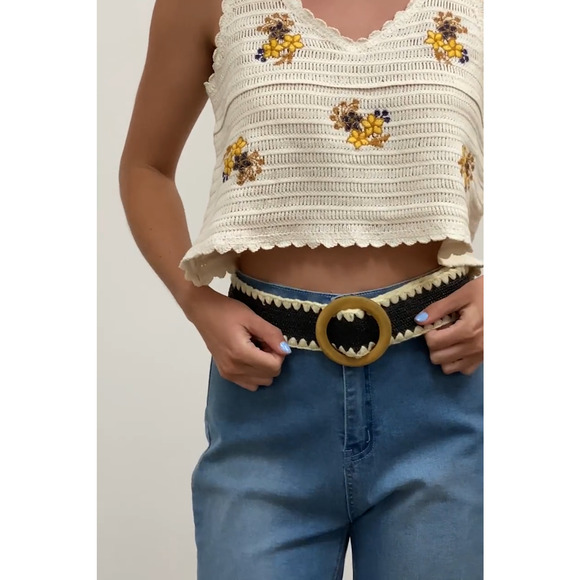 Boho Whipstitch Raffia Belt with Wooden Round Buckle Black - Picture 3 of 3